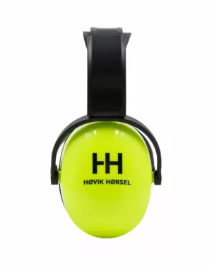 Modell av øreklokker av typen Høvik Hørsel Øreklokker X i neon gul farge distribuert av Høvik Hørsel. Øreklokkene er ment for de mest ekstreme støyfylte situasjonene, og egnet godt på steder der dobbelt beskyttelse er nødvendig.